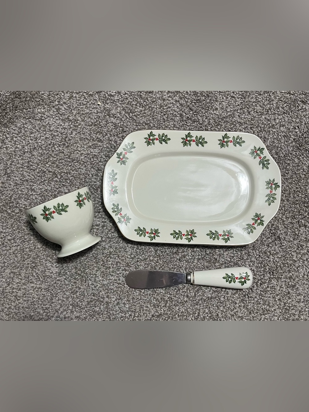 Christmas Holly Serving Platter, Cup, and Butter Spreader Set | Holly Berry Set